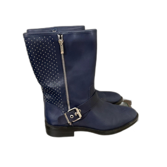 Steven Steve Madden Zain Boot women 9W Stud, zip, buckle NAVY Leather mid calf - Picture 1 of 13